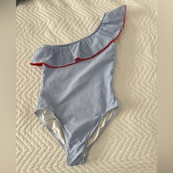 J. Crew Other - J. Crew One Shoulder Ruffle Swimsuit Seersucker Pom Trim Blue White Red